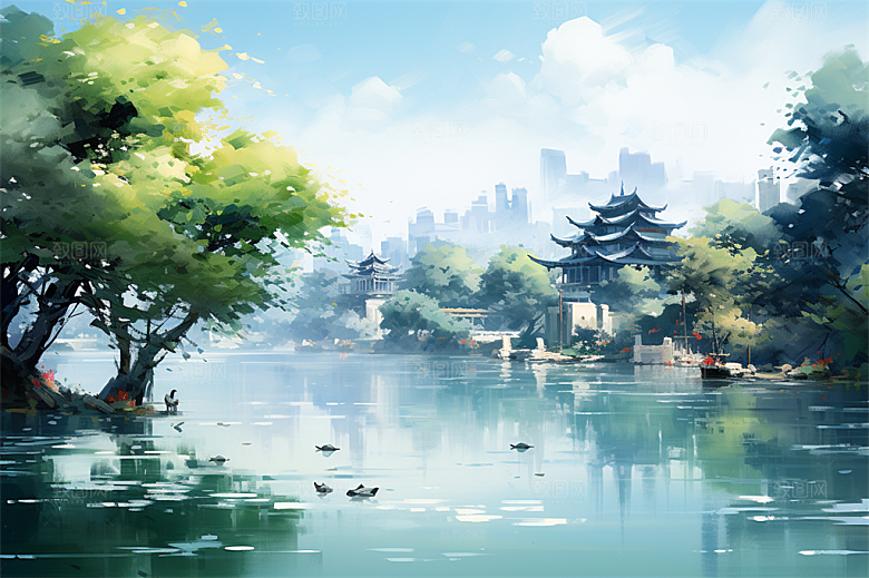 湖水栈桥远景高山艳丽树木国风建筑