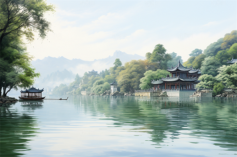 小河流水江南水乡国风建筑