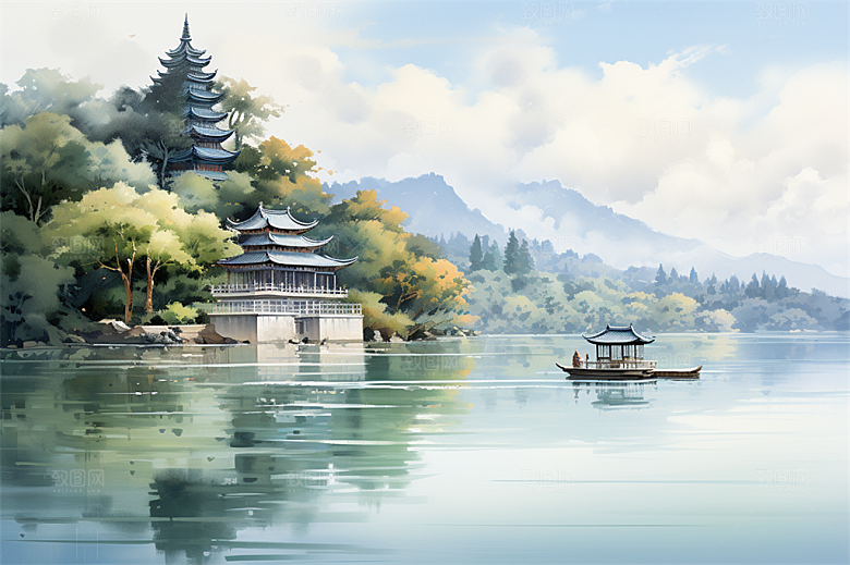 湖水栈桥远景高山艳丽树木国风建筑