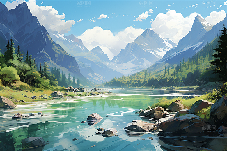 白雪茫茫高耸雪山山脚绿植大场景插画
