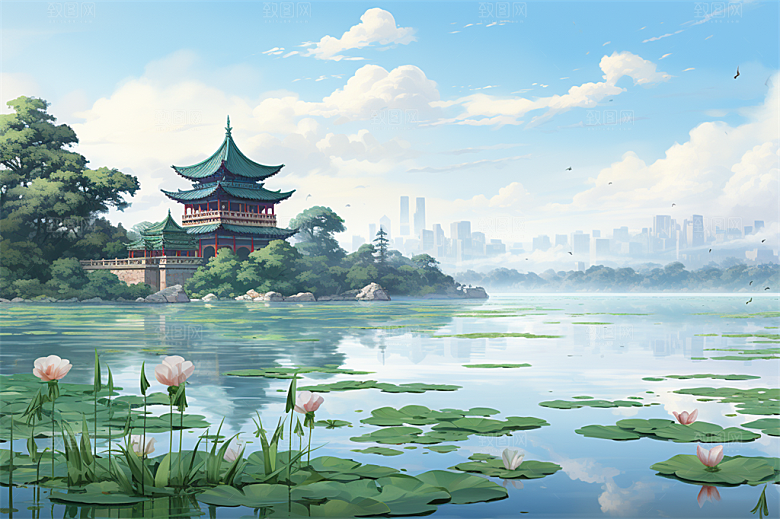 湖水栈桥远景高山艳丽树木国风建筑