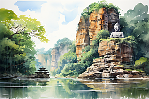 高山流水绿色植物风景秀丽佛像插画