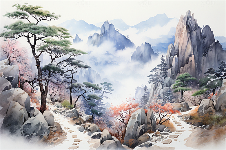 高山奇石迎客松云海风景插画