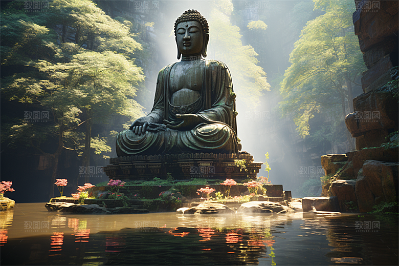 高山流水绿色植物风景秀丽佛像插画