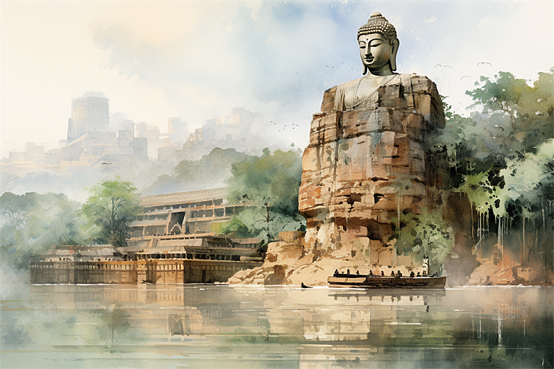 高山流水绿色植物风景秀丽佛像插画