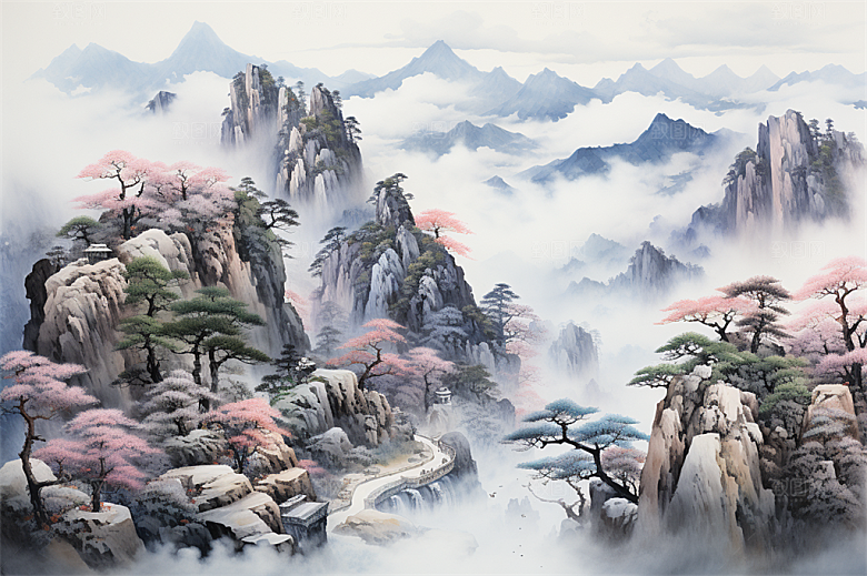 高山奇石迎客松云海风景插画