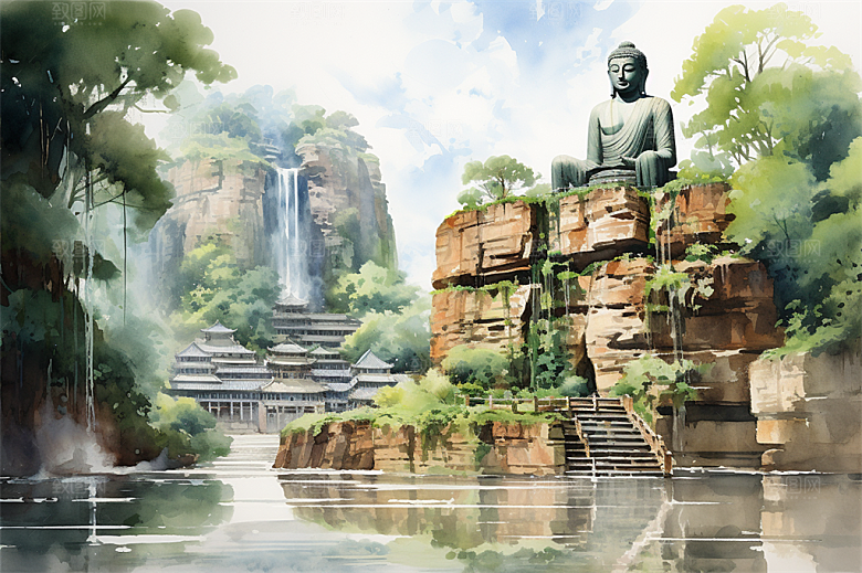 高山流水绿色植物风景秀丽佛像插画
