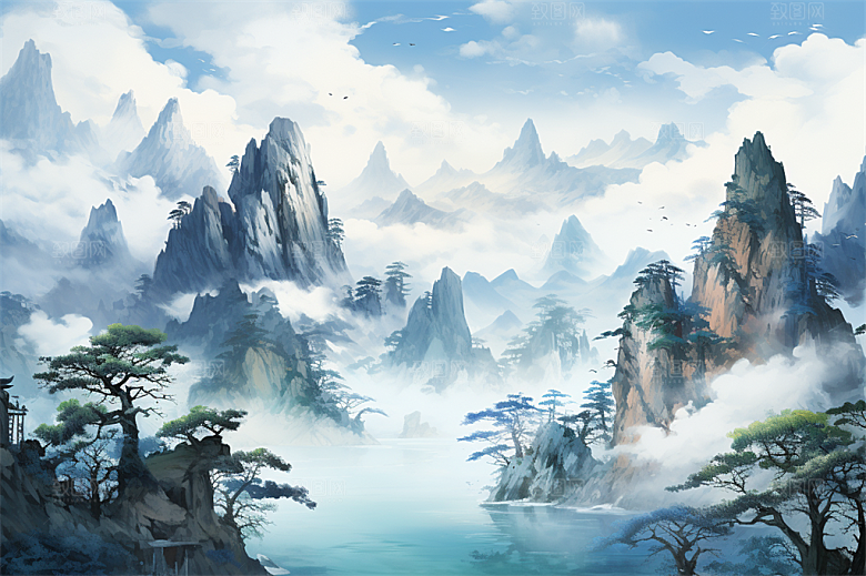 高山奇石迎客松云海风景插画