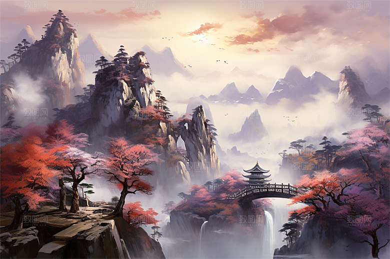 高山奇石迎客松云海风景插画