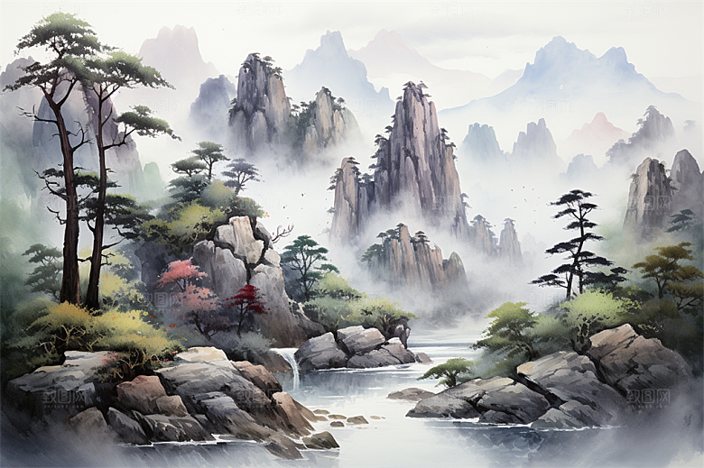高山奇石迎客松云海风景插画
