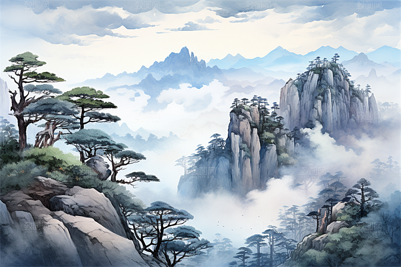 高山奇石迎客松云海风景插画