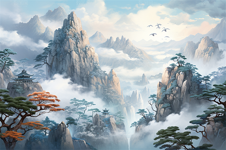 高山奇石迎客松云海风景插画