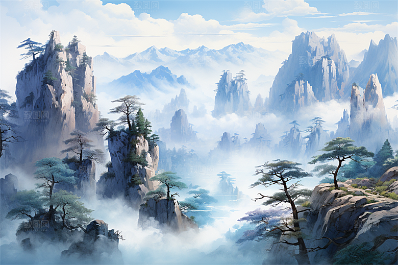 高山奇石迎客松云海风景插画