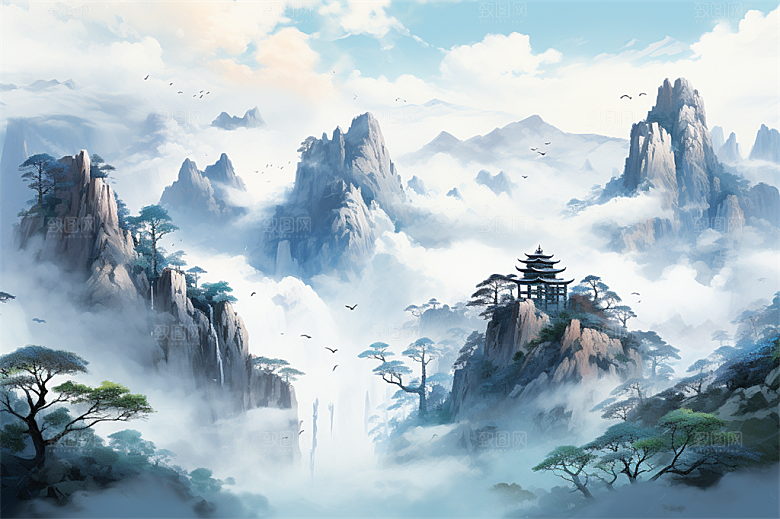 高山奇石迎客松云海风景插画