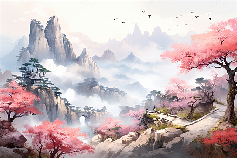 高山奇石迎客松云海风景插画