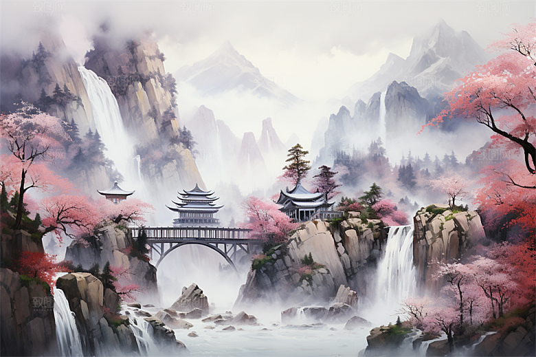 高山奇石迎客松云海风景插画