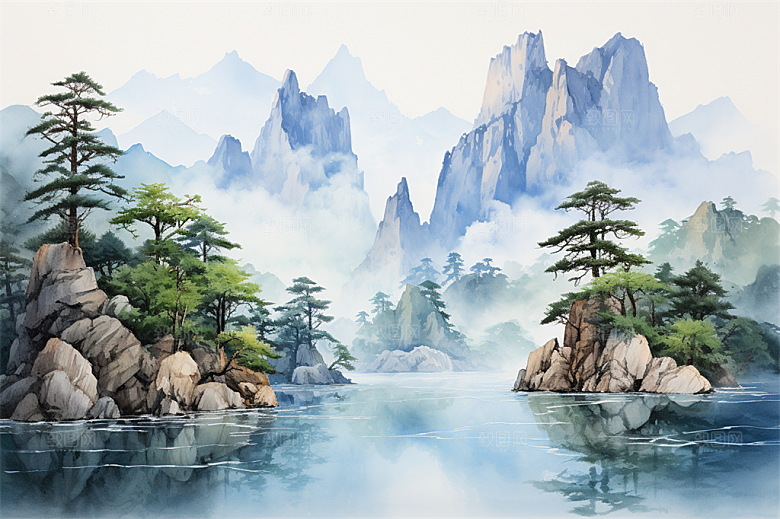 高山奇石迎客松云海风景插画