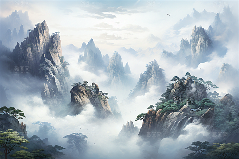高山奇石迎客松云海风景插画