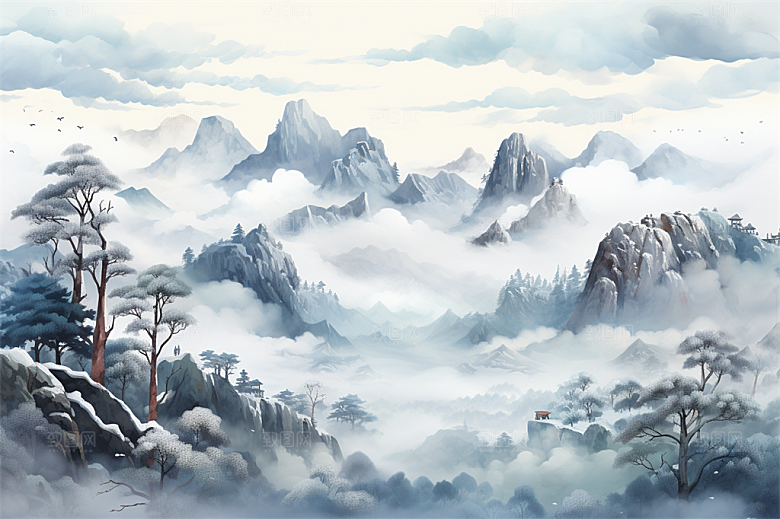 高山奇石迎客松云海风景插画