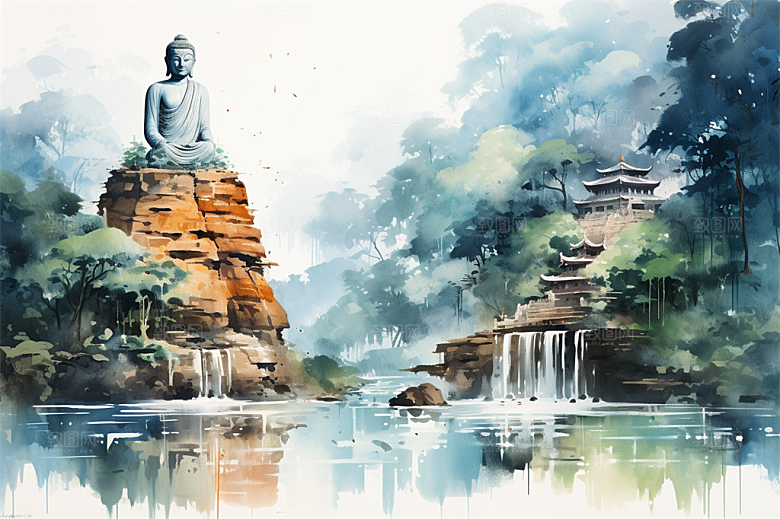 高山流水绿色植物风景秀丽佛像插画
