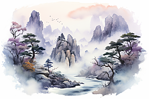 高山奇石迎客松云海风景插画