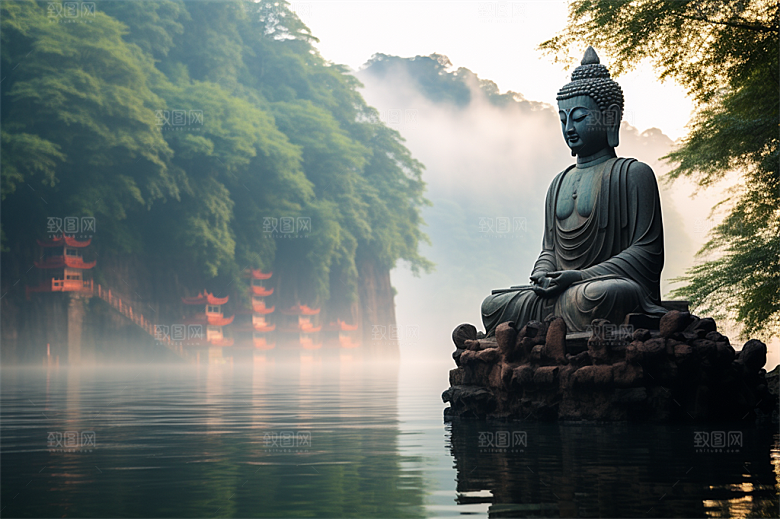 高山流水绿色植物风景秀丽佛像插画