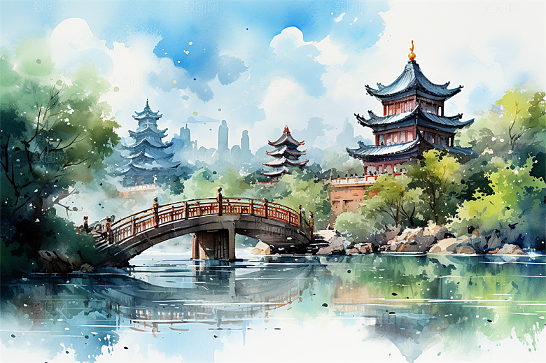 多层古塔国风建筑艳丽鲜花风景插画