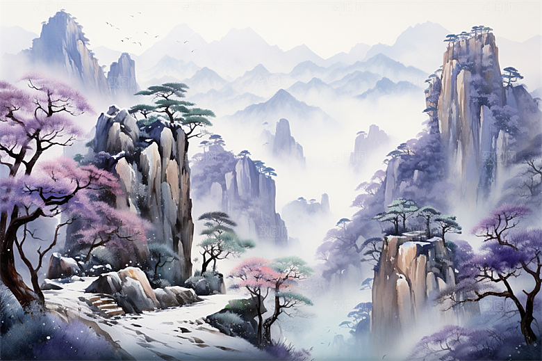 高山奇石迎客松云海风景插画