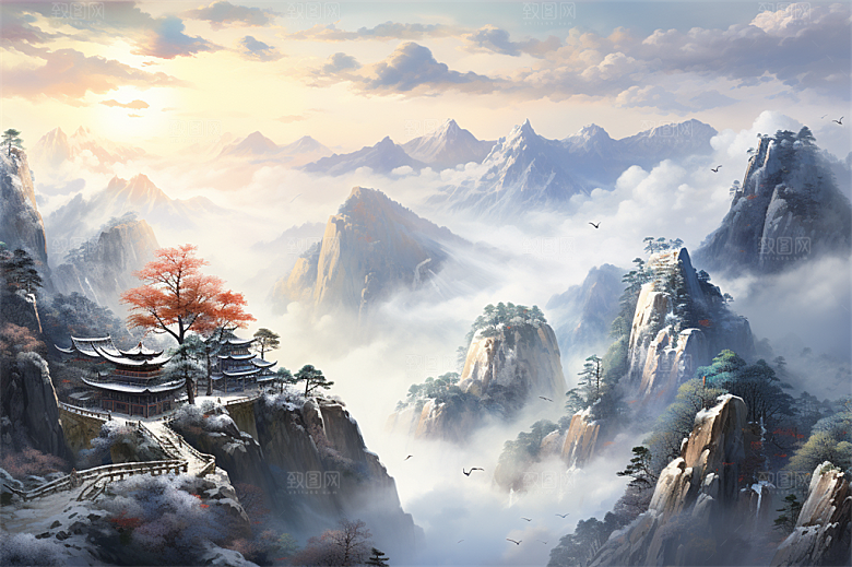 高山奇石迎客松云海风景插画