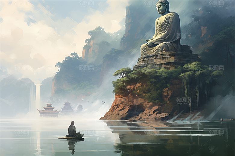 高山流水绿色植物风景秀丽佛像插画