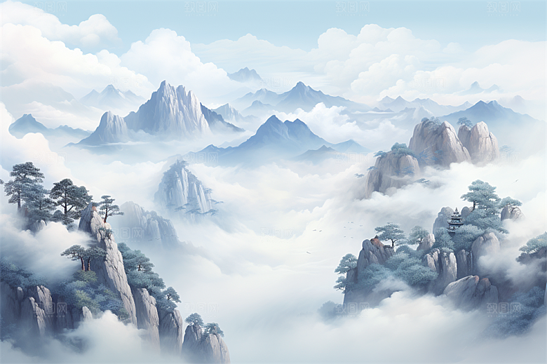 高山奇石迎客松云海风景插画