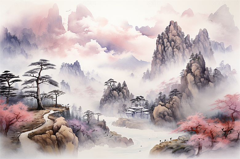 高山奇石迎客松云海风景插画
