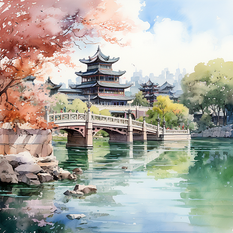 多层古塔国风建筑艳丽鲜花风景插画