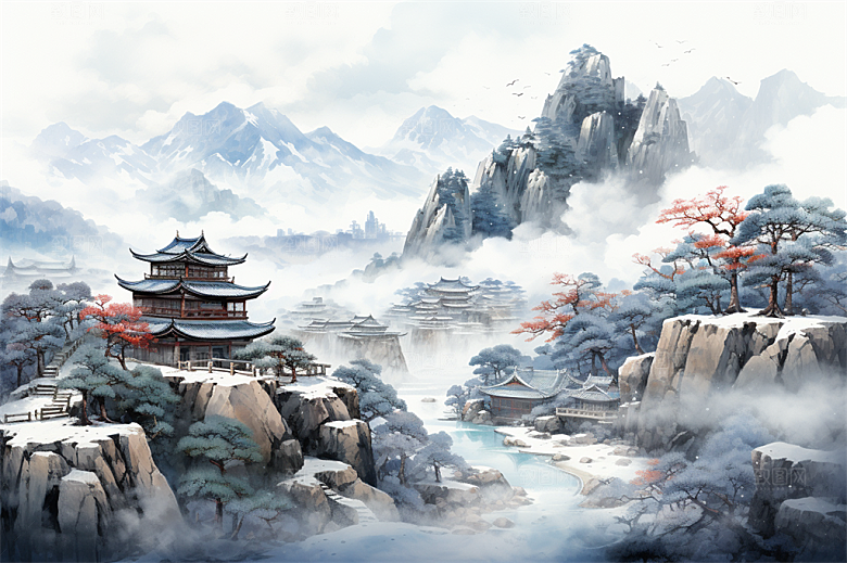 多层古塔国风建筑艳丽鲜花风景插画