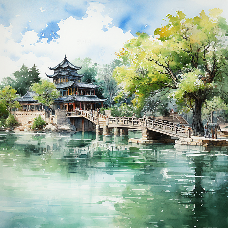 多层古塔国风建筑艳丽鲜花风景插画
