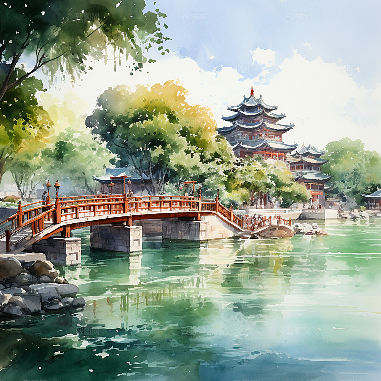 湖水栈桥远景高山艳丽树木国风建筑