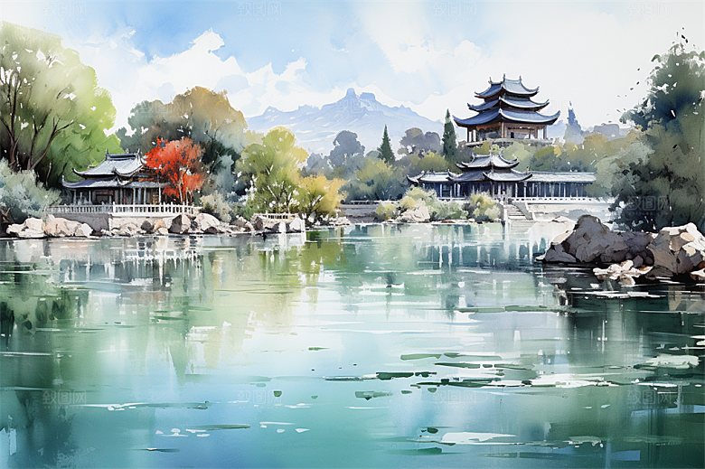 湖水栈桥远景高山艳丽树木国风建筑