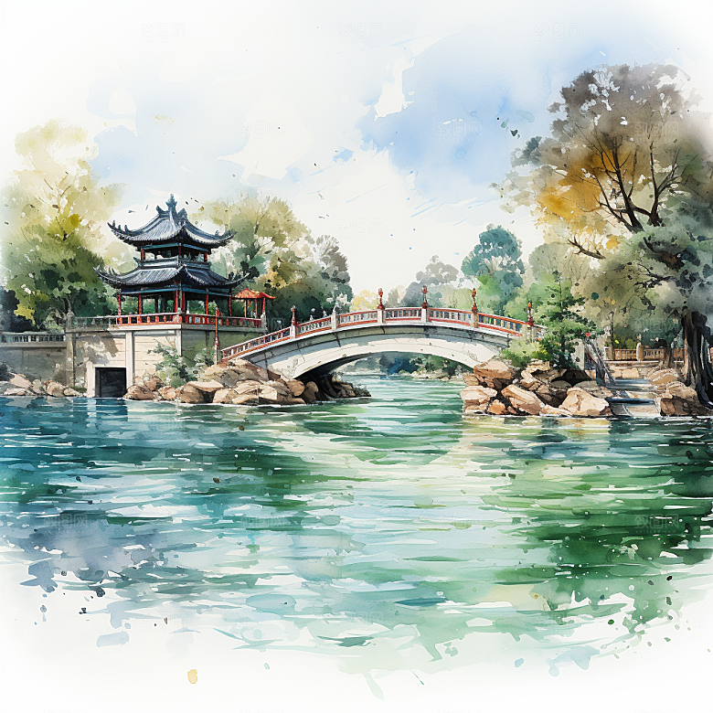 湖水栈桥远景高山艳丽树木国风建筑