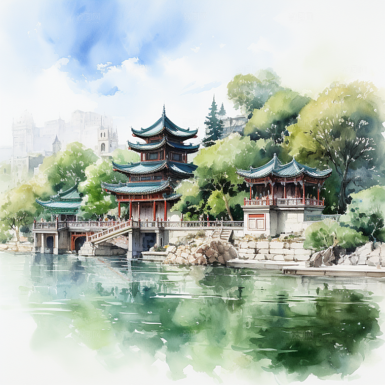 湖水栈桥远景高山艳丽树木国风建筑