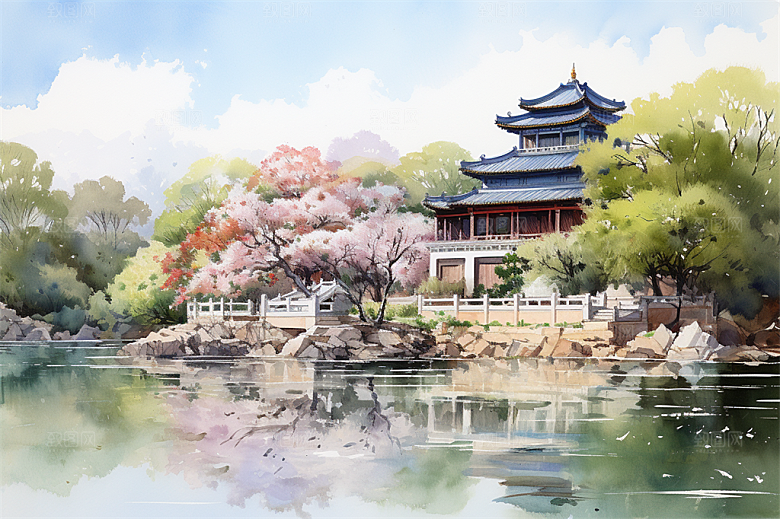 湖水栈桥远景高山艳丽树木国风建筑