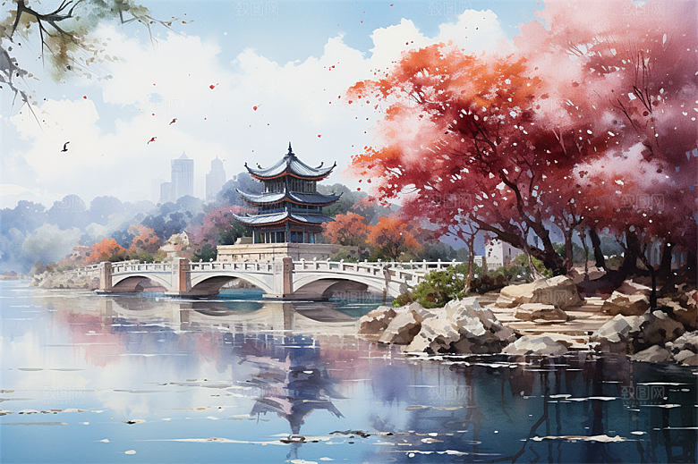 湖水栈桥远景高山艳丽树木国风建筑