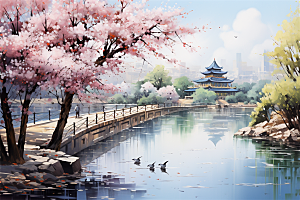 湖水栈桥远景高山艳丽树木国风建筑