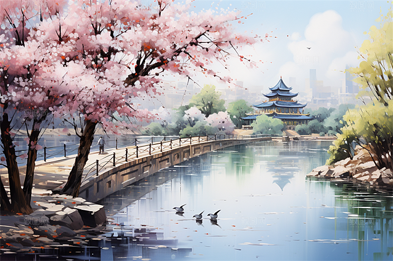 湖水栈桥远景高山艳丽树木国风建筑