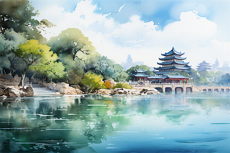 湖水栈桥远景高山艳丽树木国风建筑