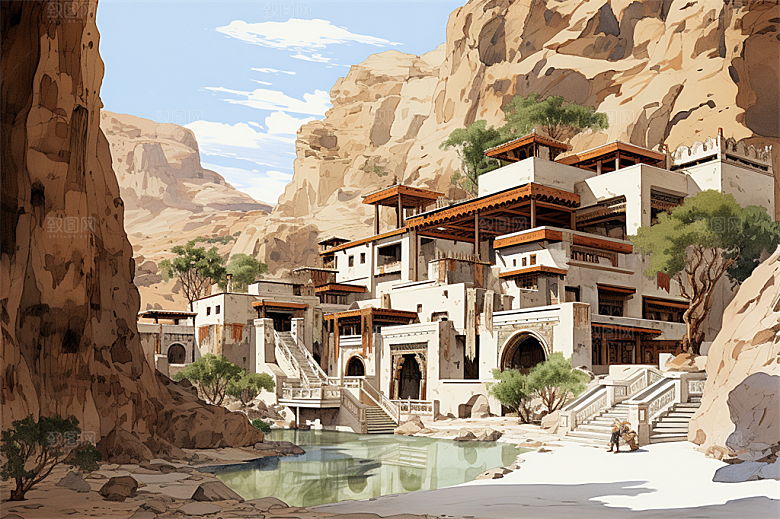 多层古塔国风建筑艳丽鲜花风景插画