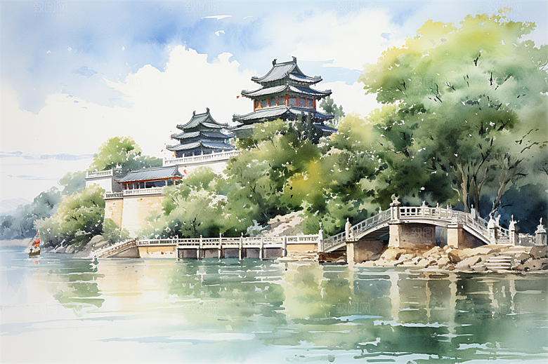 湖水栈桥远景高山艳丽树木国风建筑