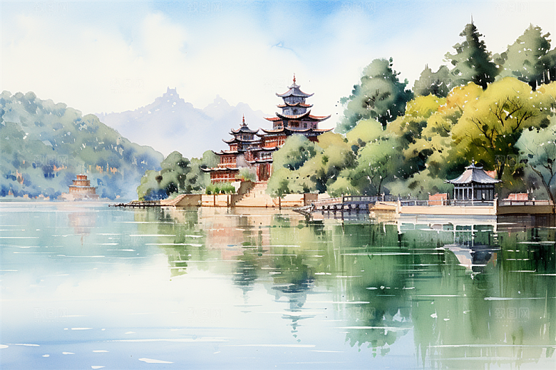 湖水栈桥远景高山艳丽树木国风建筑