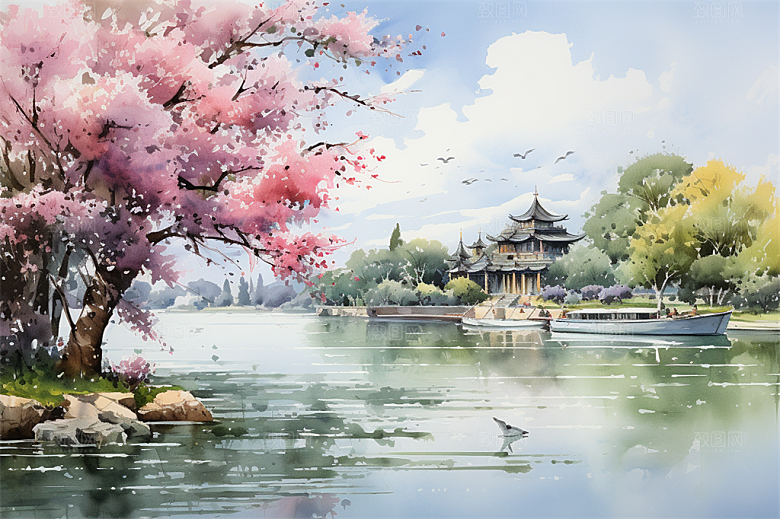 湖水栈桥远景高山艳丽树木国风建筑