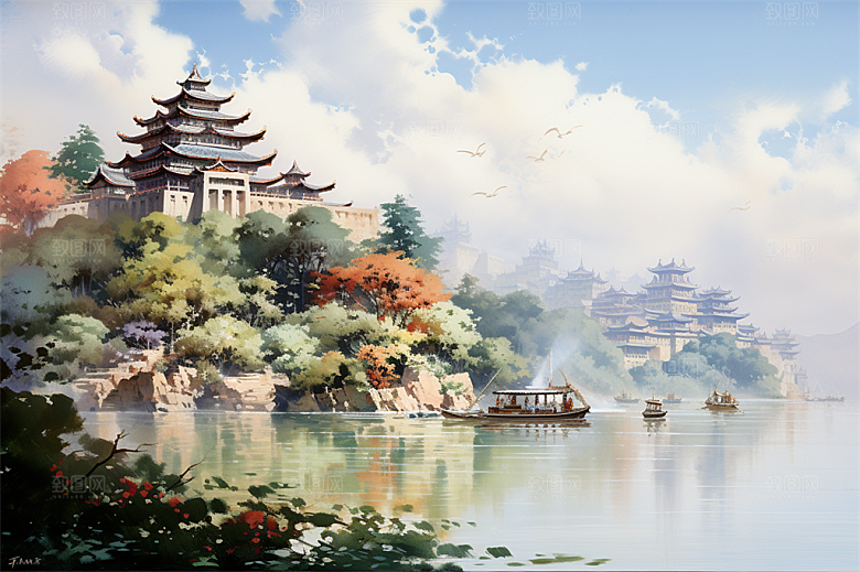 湖水栈桥远景高山艳丽树木国风建筑