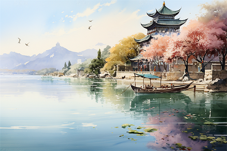 湖水栈桥远景高山艳丽树木国风建筑